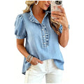 Haut femme en denim avec col volanté et manches bouffantes