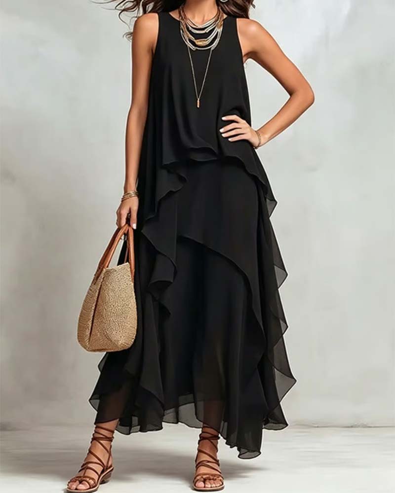 Robe Col Rond Sans Manches Chiffon Irrégulière
