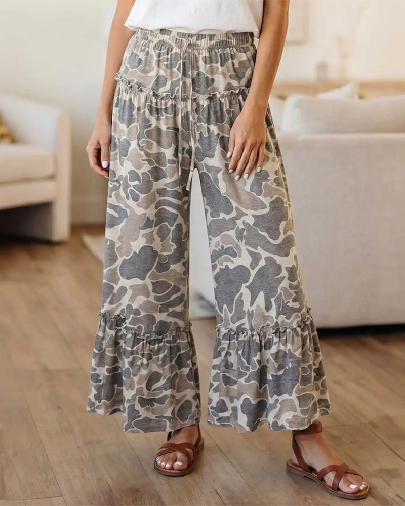 Pantalon Taille Élastique Camouflage Volant Capri