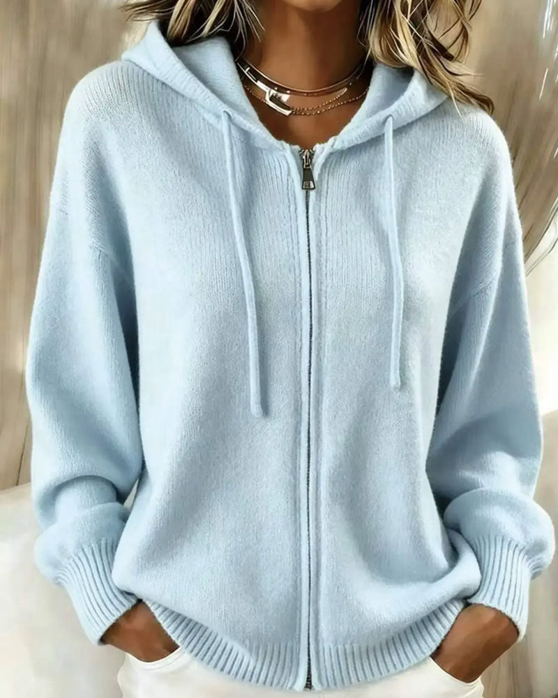 Cardigan Tricot à Capuche et Épaules Tombantes avec Fermeture Éclair