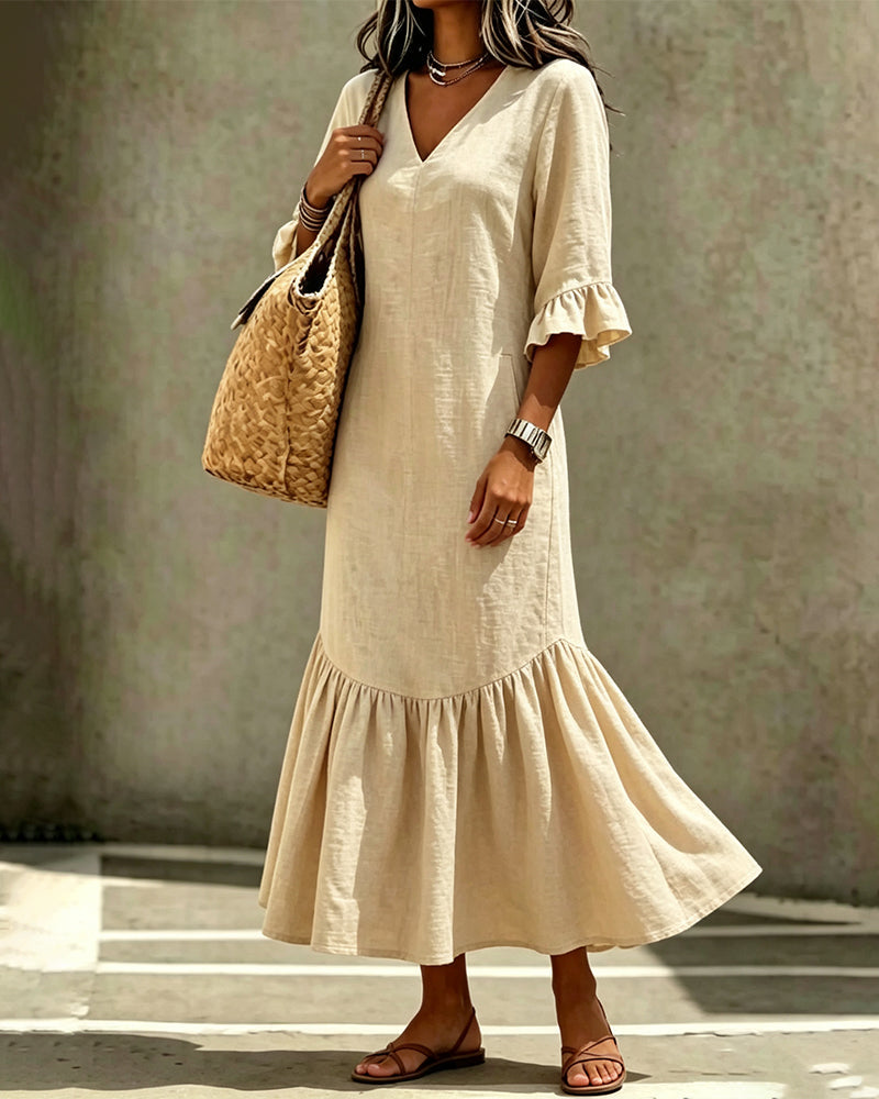 Robe Col V Poche Volant Ajusté
