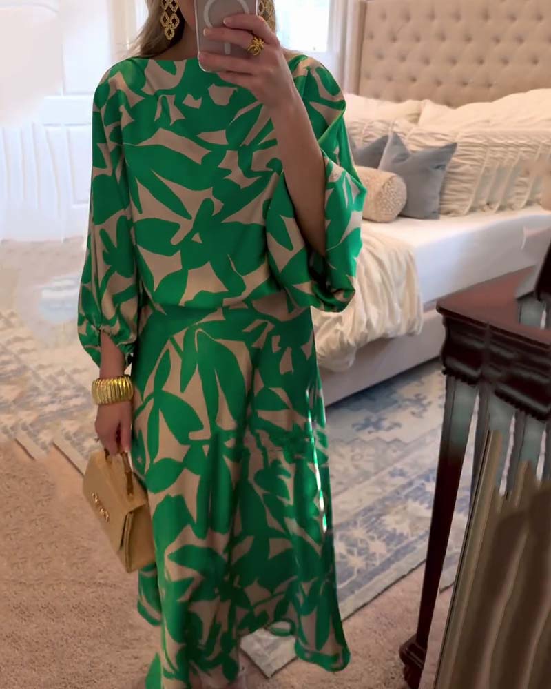 Ensemble de Robe Décontractée à Manches Lanternes Imprimées