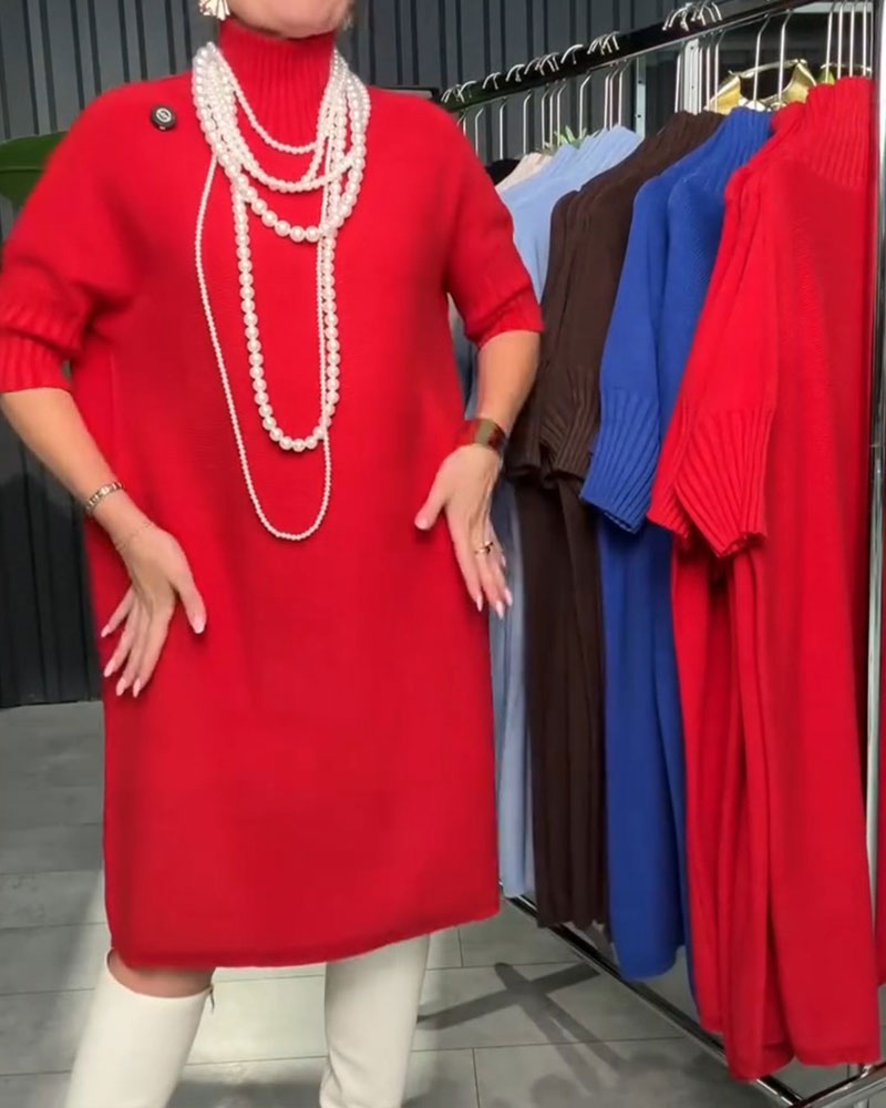 Robe Col Haut Manche Mi-Longue Droite Tricotée