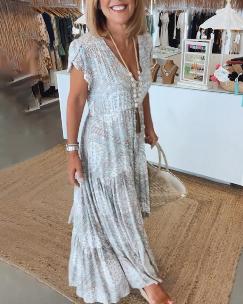 Robe à manches fendues en V imprimée pour les vacances