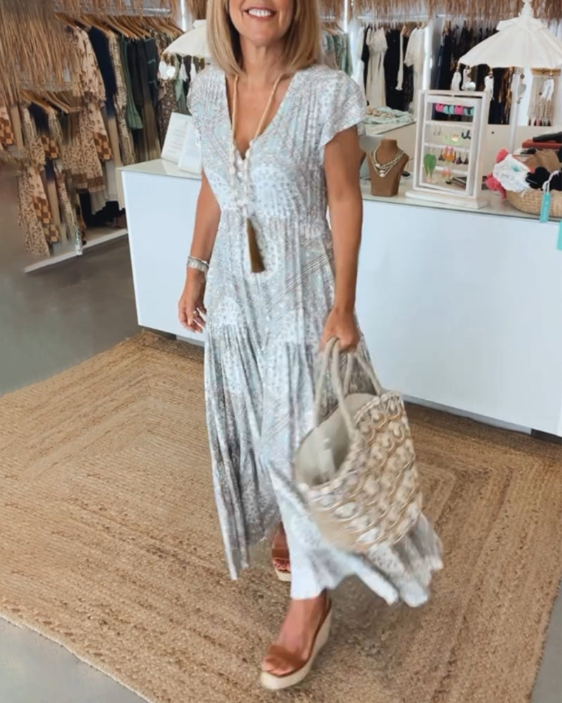 Robe à manches fendues en V imprimée pour les vacances