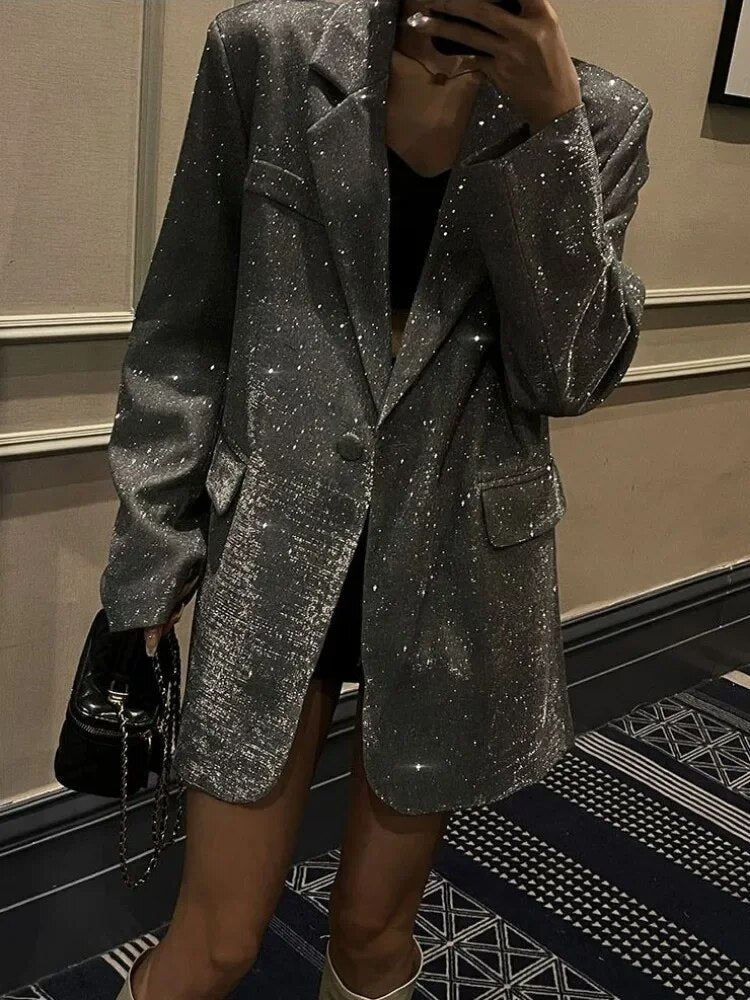 Blazer à Paillettes pour Femme avec Ceinture et Col Revers Classique