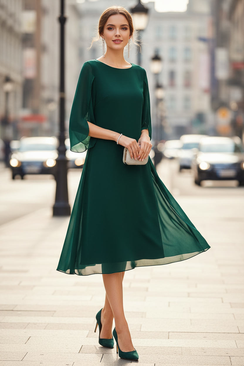 Robe Midi à Manches Superposées