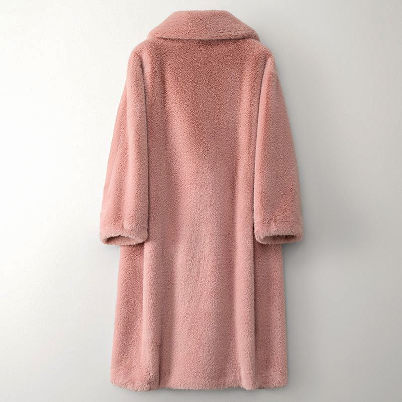 Manteau Long en Teddy pour Femme avec Revers Larges et Double Boutonnage