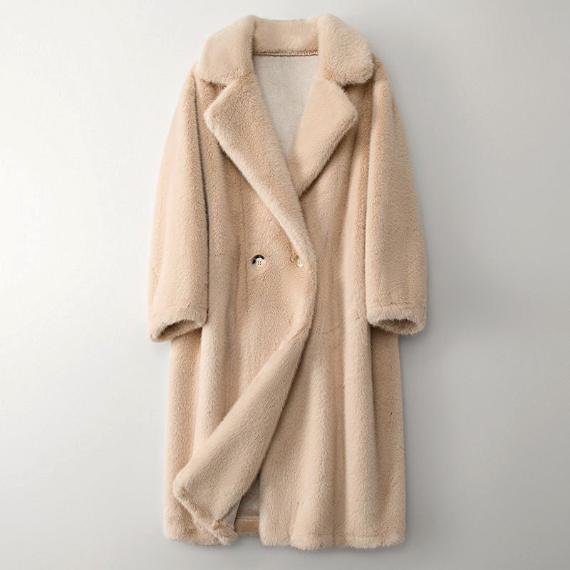 Manteau Long en Teddy pour Femme avec Revers Larges et Double Boutonnage