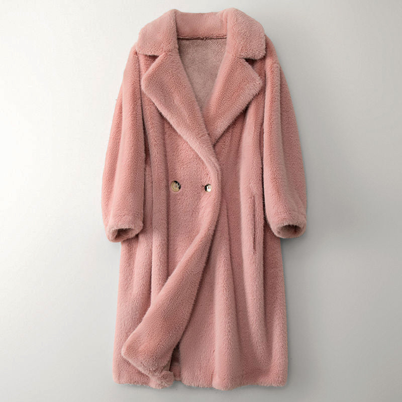 Manteau Long en Teddy pour Femme avec Revers Larges et Double Boutonnage