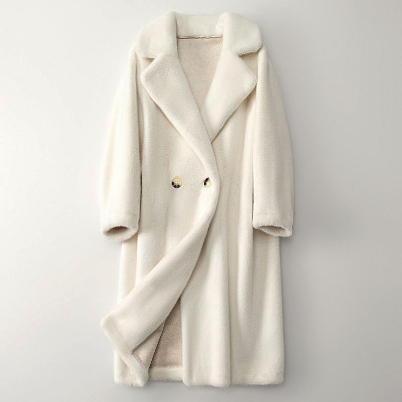 Manteau Long en Teddy pour Femme avec Revers Larges et Double Boutonnage