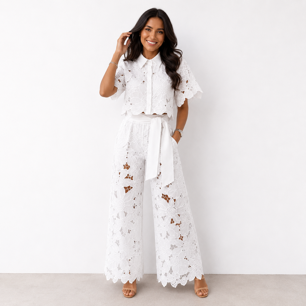 Ensemble Deux-Pièces Femme | Design en Dentelle & Pantalon Palazzo Élégant