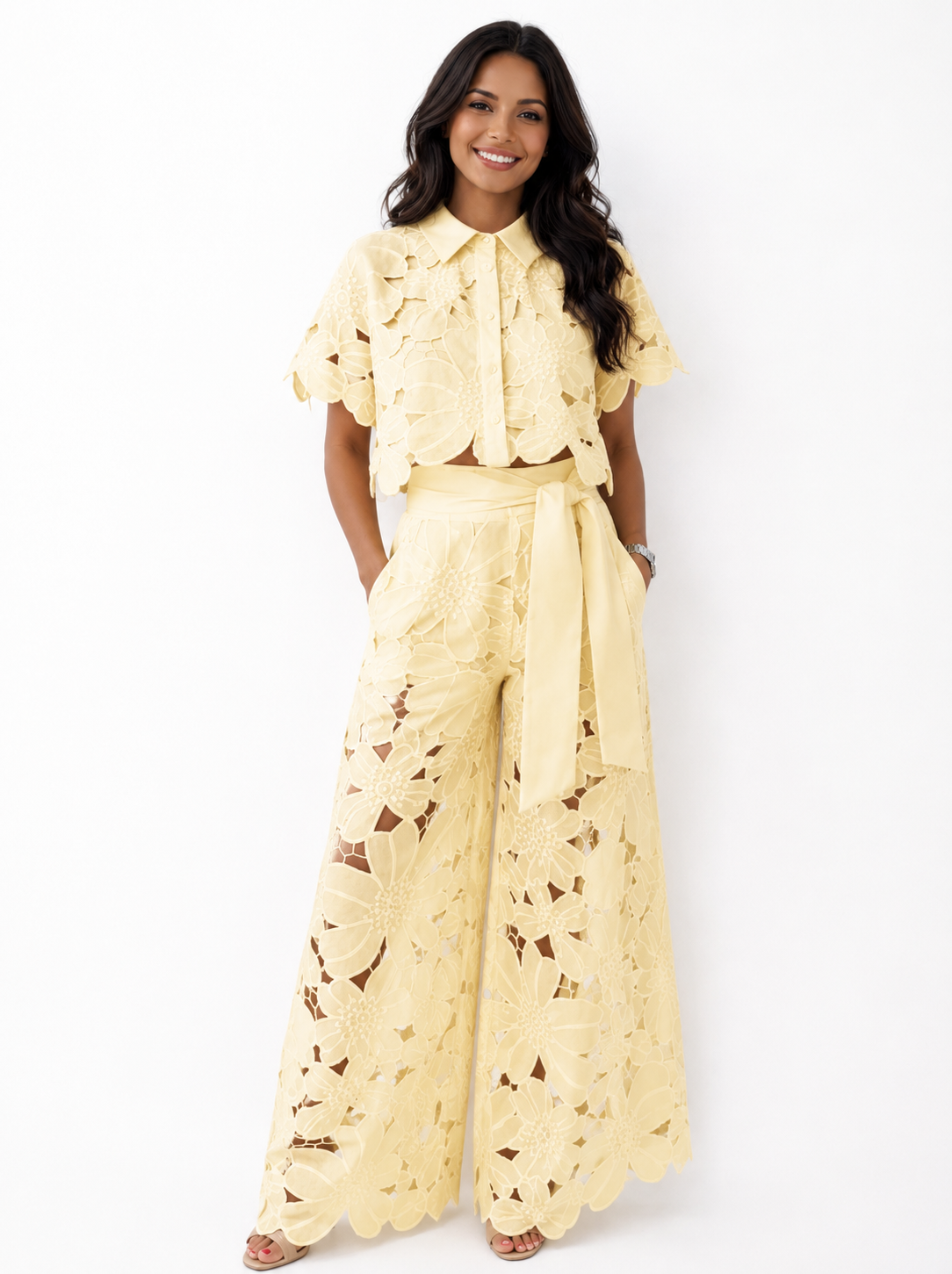 Ensemble Deux-Pièces Femme | Design en Dentelle & Pantalon Palazzo Élégant