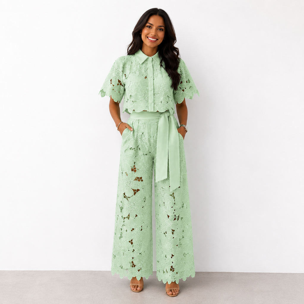 Ensemble Deux-Pièces Femme | Design en Dentelle & Pantalon Palazzo Élégant