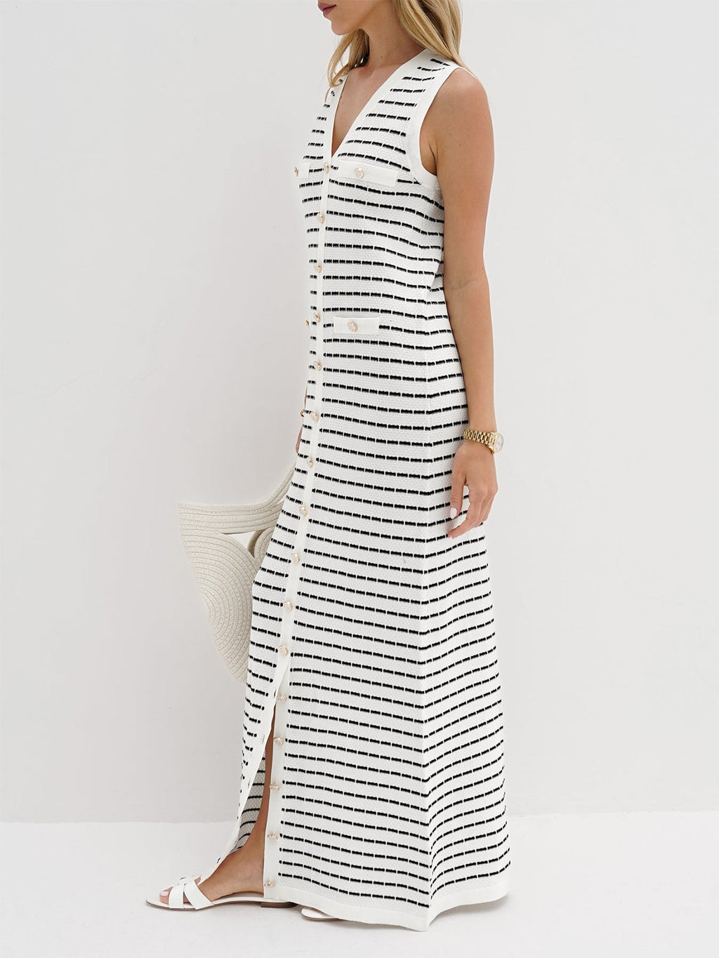 Robe Longue Sans Manches Avec Rayures Et Fermeture Boutonnée Pour Femmes | Idéal Pour Été Et Usage Quotidien