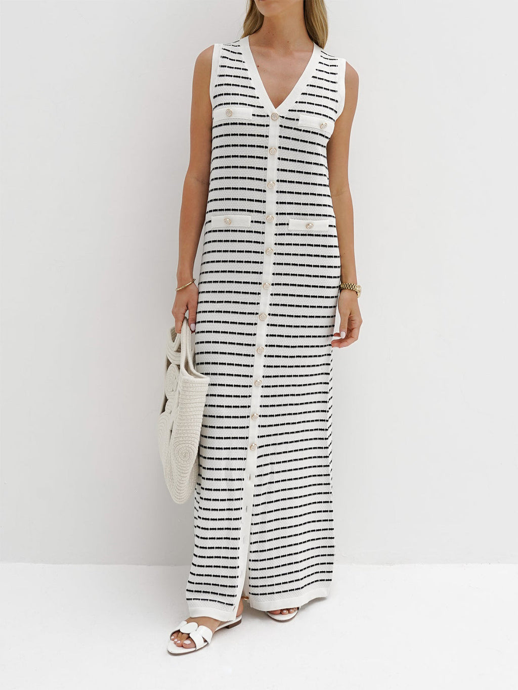 Robe Longue Sans Manches Avec Rayures Et Fermeture Boutonnée Pour Femmes | Idéal Pour Été Et Usage Quotidien