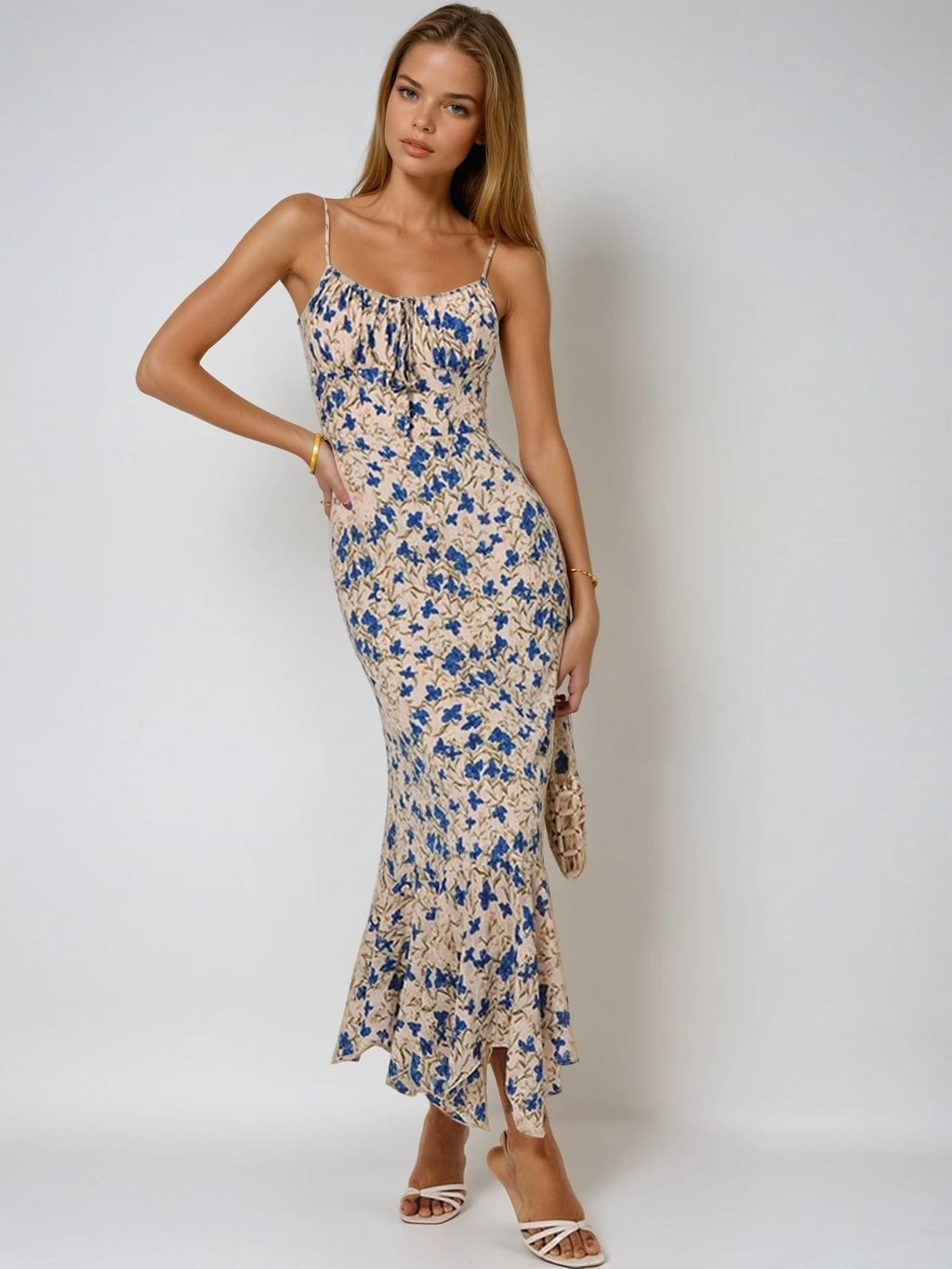 Robe Maxi à Bretelles Spaghetti Fleurie pour les Nuits d'Été avec Devant Froncé