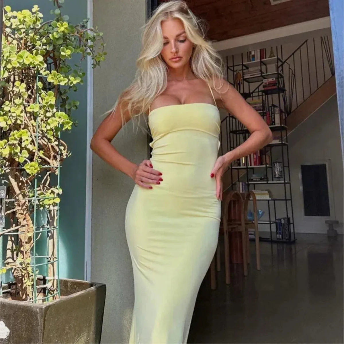 Robe Maxi Été Dos Nu Bodycon Jaune
