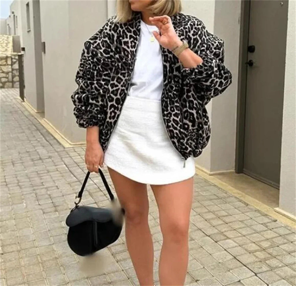 Veste bomber femme | Fermeture éclair & motif léopard