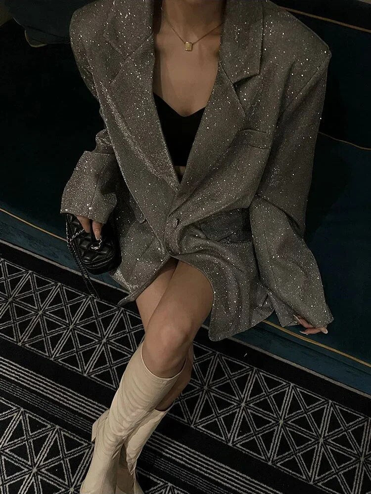 Blazer à Paillettes pour Femme avec Ceinture et Col Revers Classique
