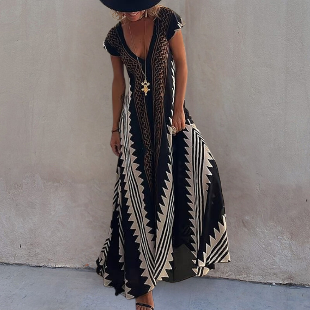 Adelina | Robe maxi à col en V pour femmes avec manches courtes