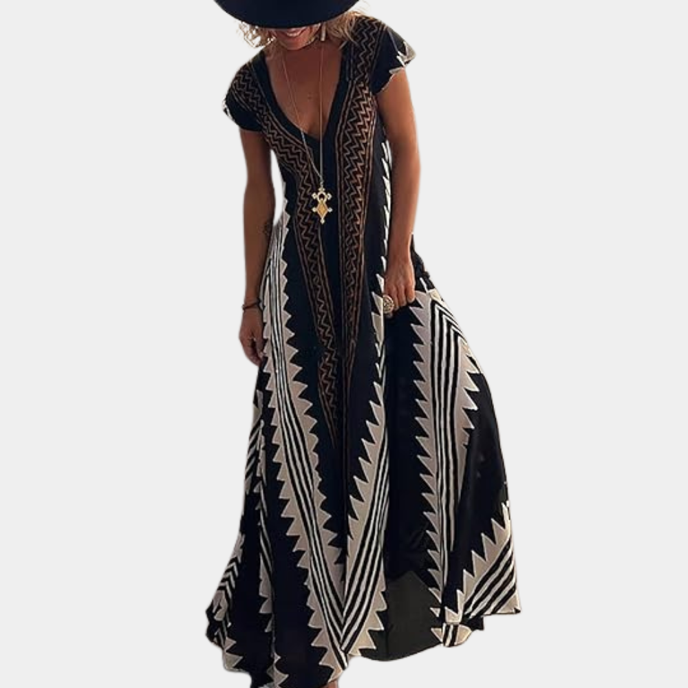 Adelina | Robe maxi à col en V pour femmes avec manches courtes