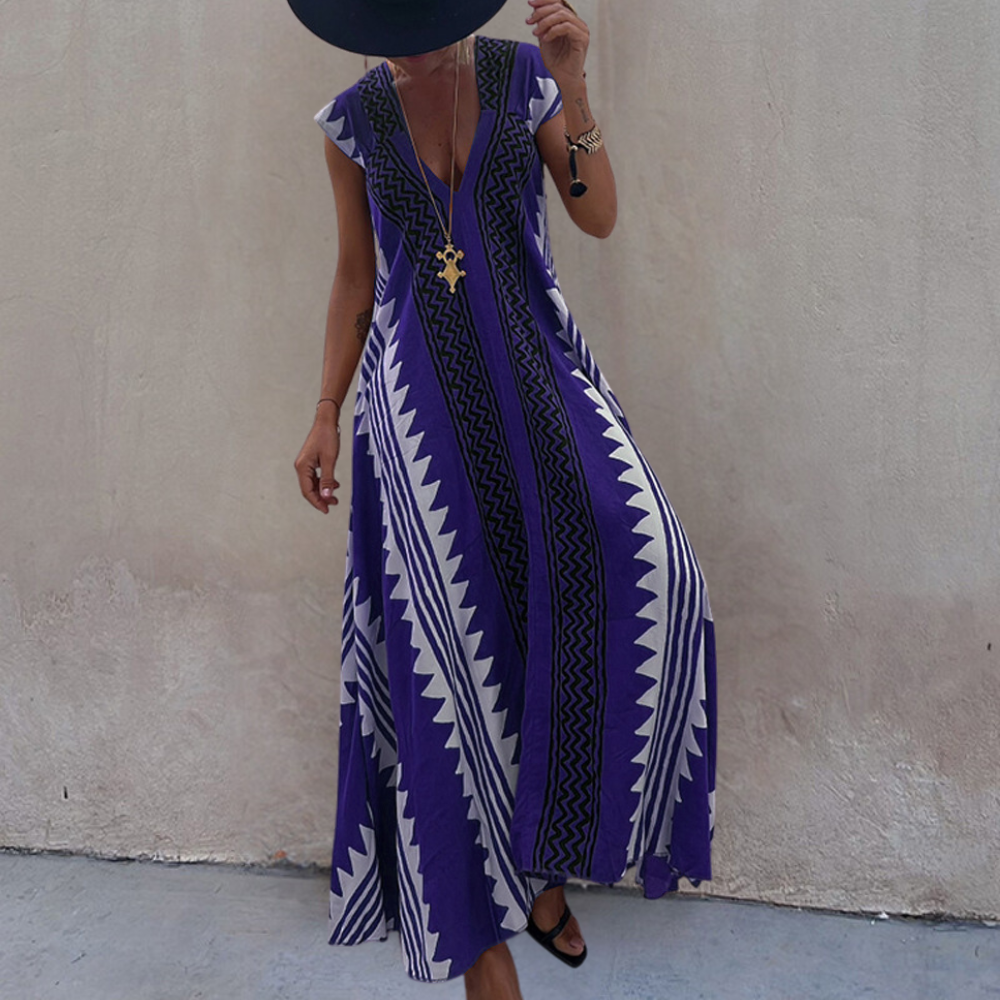 Adelina | Robe maxi à col en V pour femmes avec manches courtes