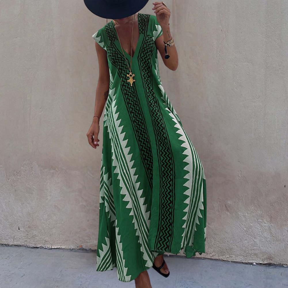 Adelina | Robe maxi à col en V pour femmes avec manches courtes