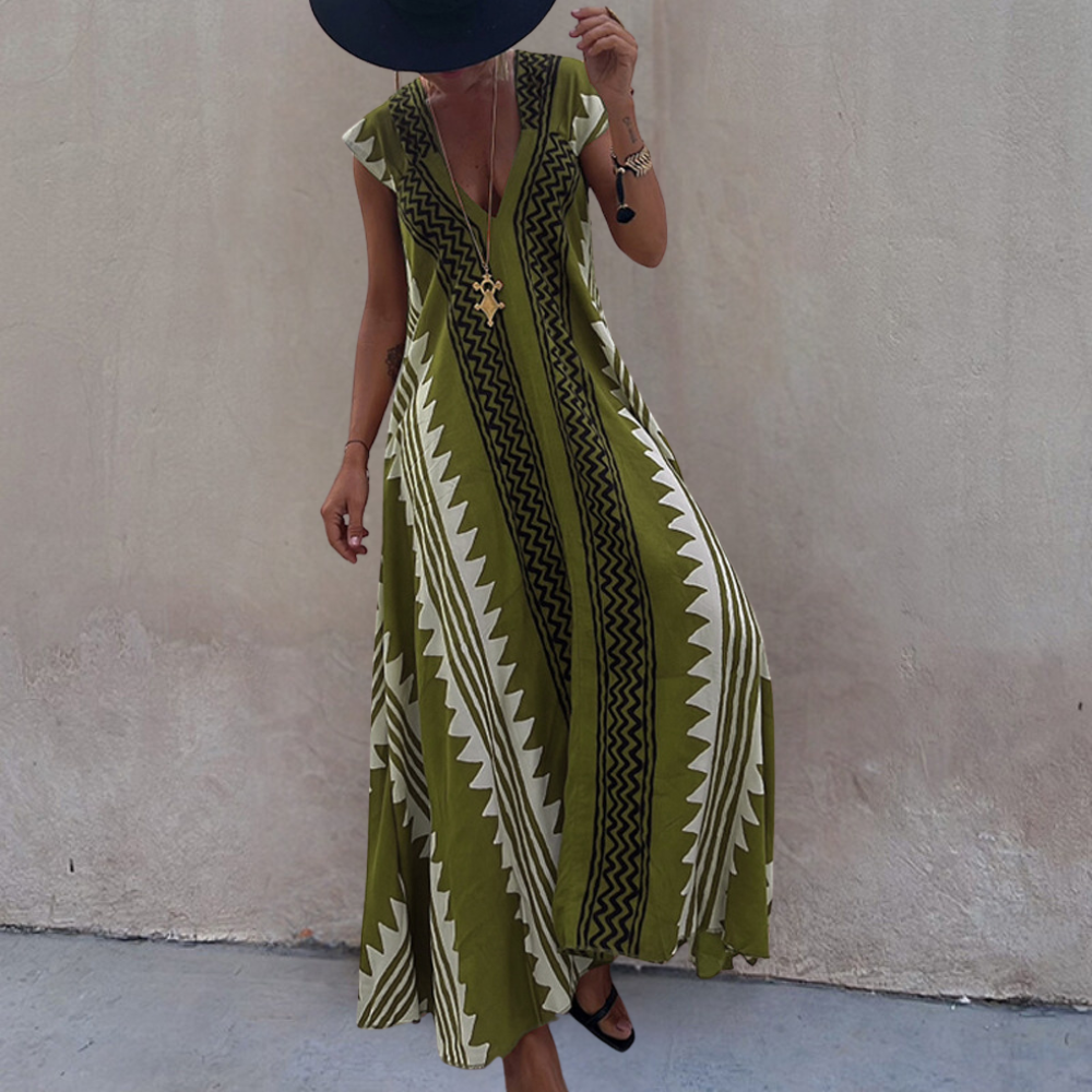 Adelina | Robe maxi à col en V pour femmes avec manches courtes