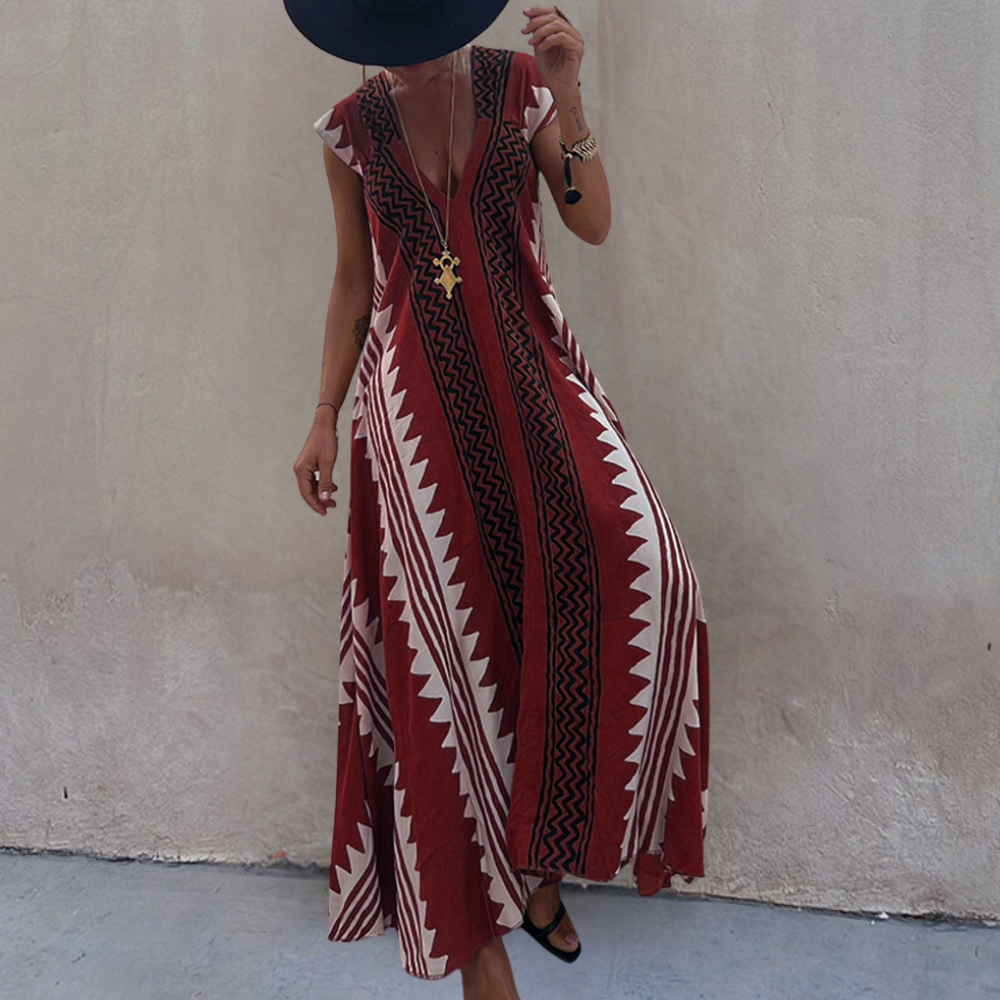 Adelina | Robe maxi à col en V pour femmes avec manches courtes