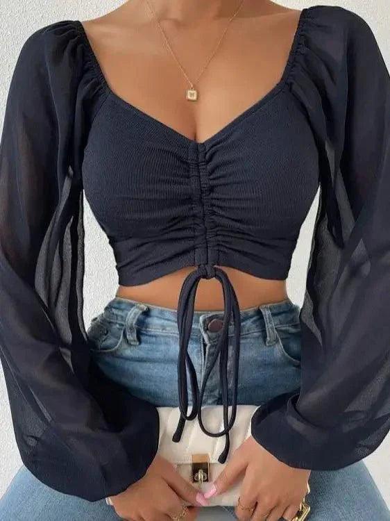 Top Court À Manches Longues Bouffantes Et Détail Froncé Pour Femme | Idéal Pour Usage Quotidien Et Sorties