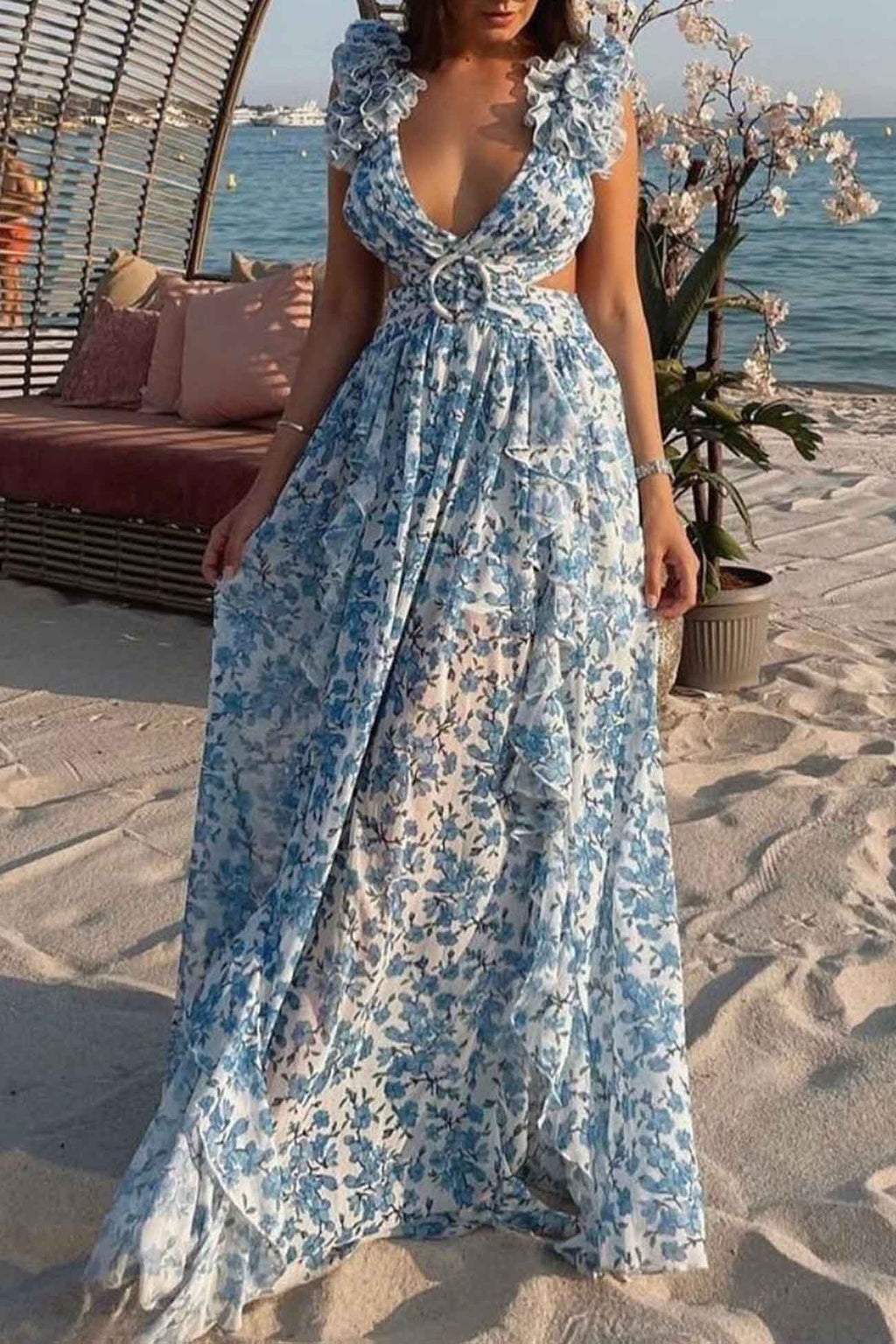 Robe Maxi Avec Décolleté En V Profond Et Manches Froncées Pour Femme | Idéale Pour Les Occasions Estivales