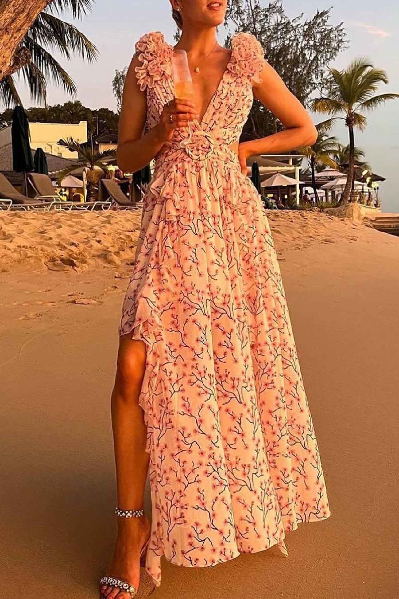 Robe Maxi Avec Décolleté En V Profond Et Manches Froncées Pour Femme | Idéale Pour Les Occasions Estivales
