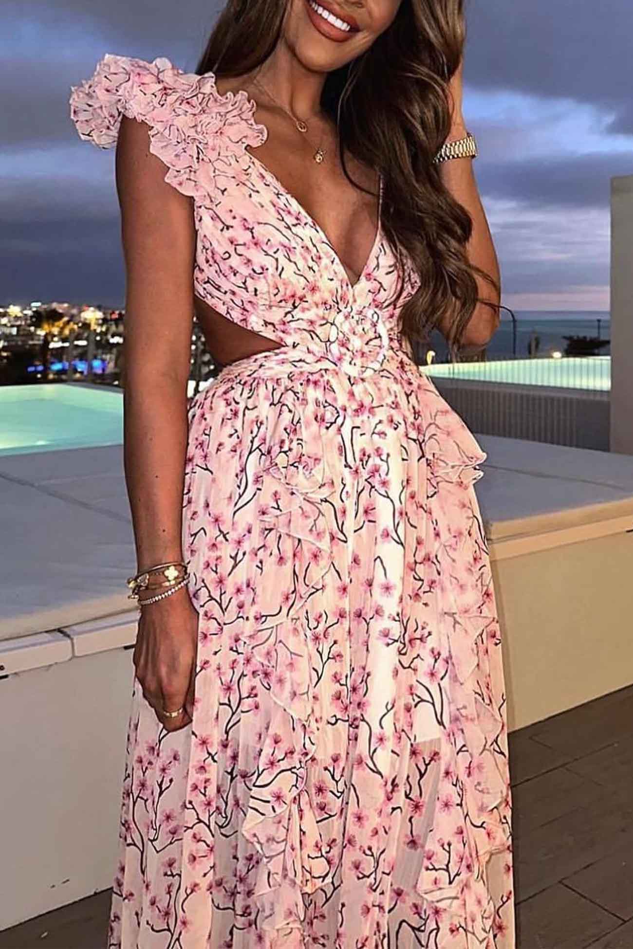 Robe Maxi Avec Décolleté En V Profond Et Manches Froncées Pour Femme | Idéale Pour Les Occasions Estivales
