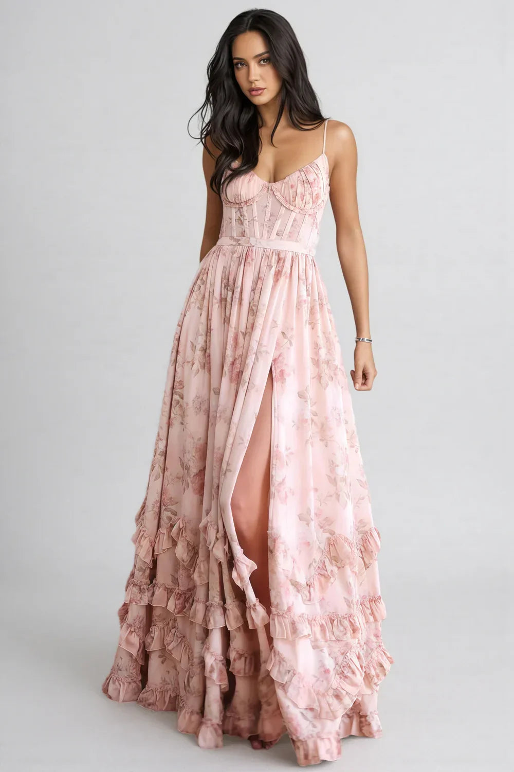 Cäcilie | Robe maxi avec bretelles spaghetti et ourlet volanté