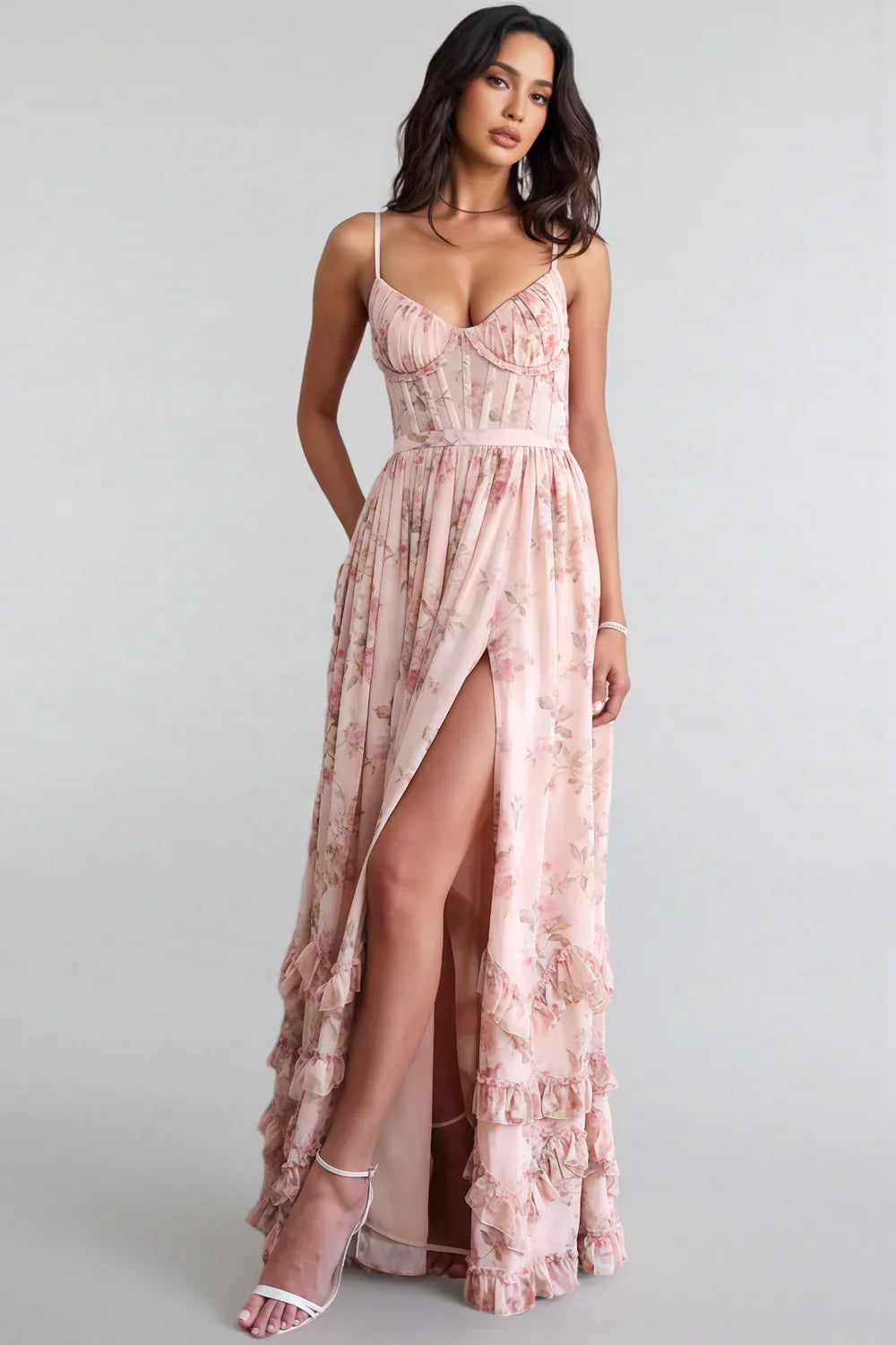 Cäcilie | Robe maxi avec bretelles spaghetti et ourlet volanté