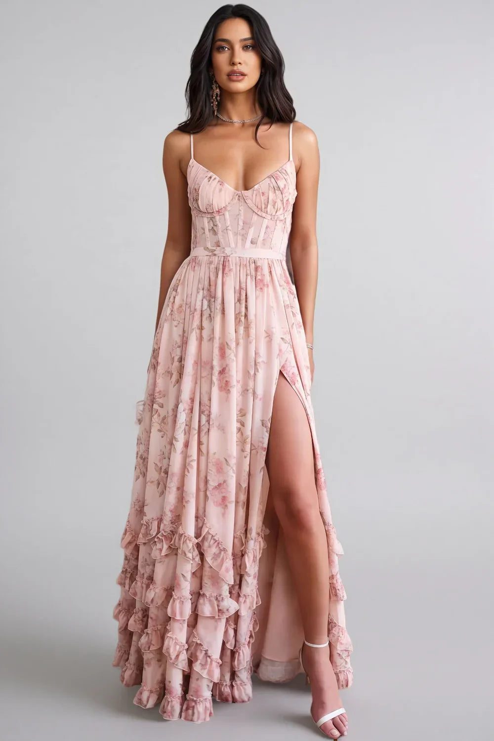 Cäcilie | Robe maxi avec bretelles spaghetti et ourlet volanté
