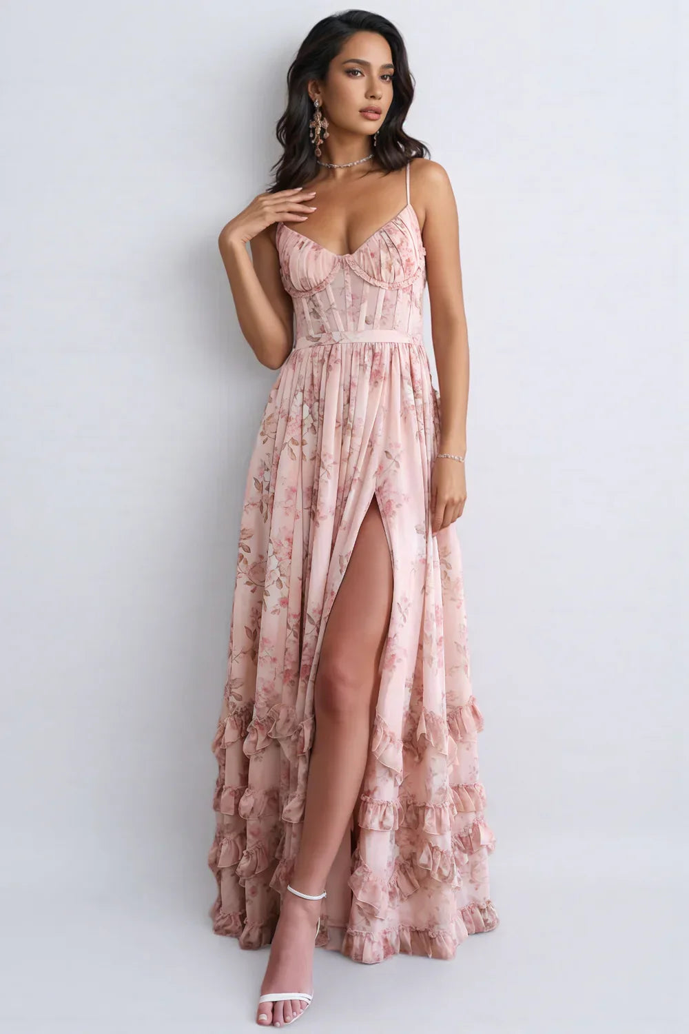 Cäcilie | Robe maxi avec bretelles spaghetti et ourlet volanté