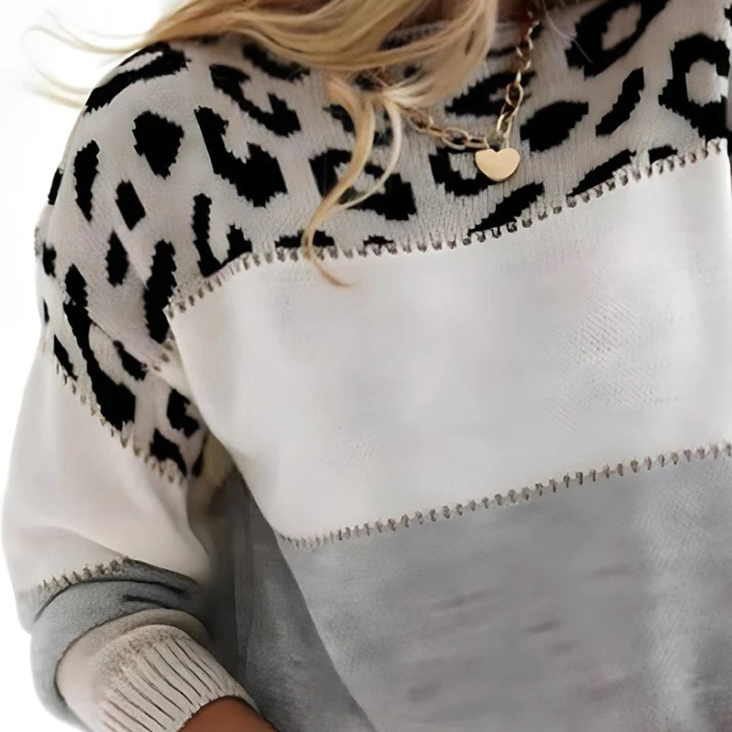 Pull Colorblock Femme avec Panneau Léopard