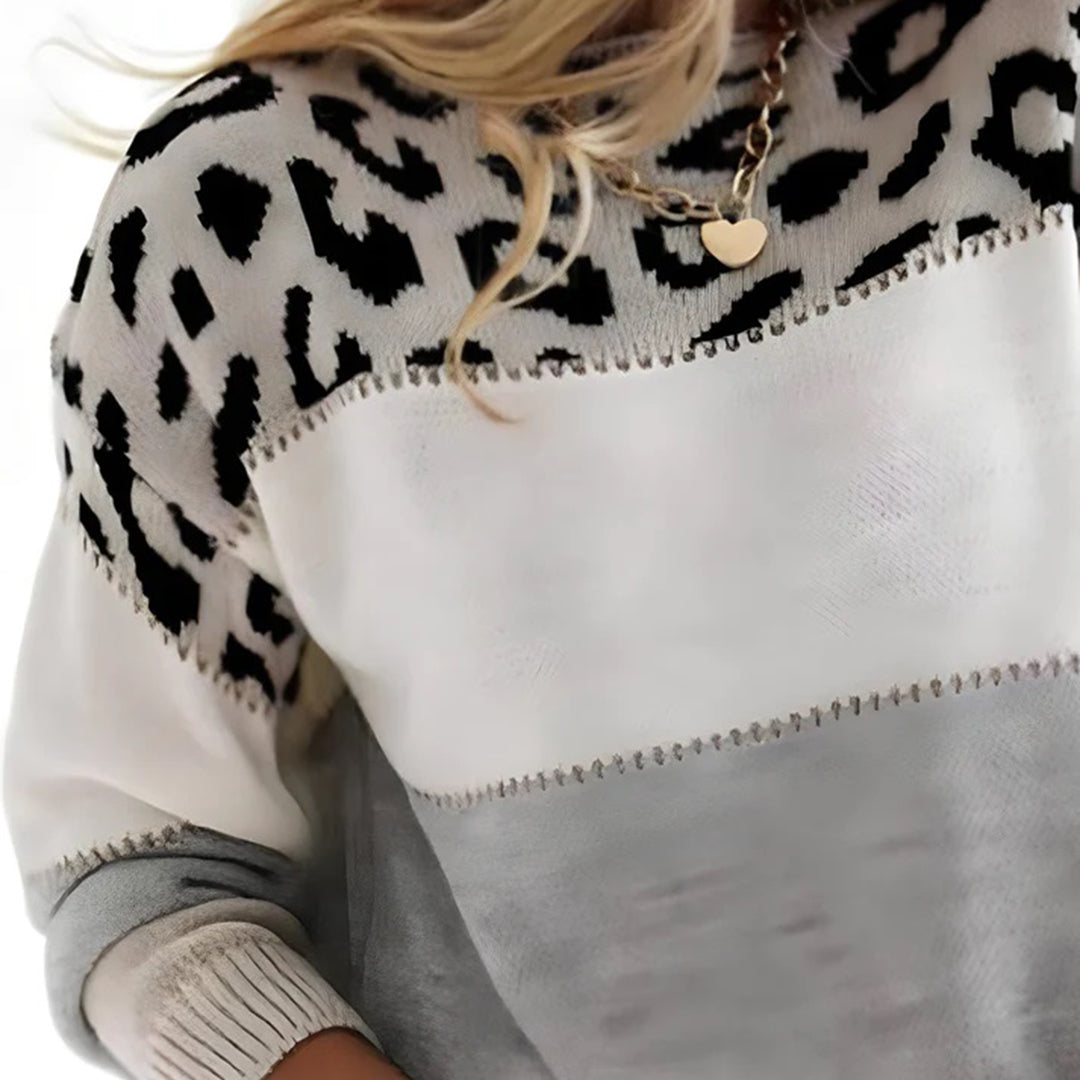 Pull Colorblock Femme avec Panneau Léopard