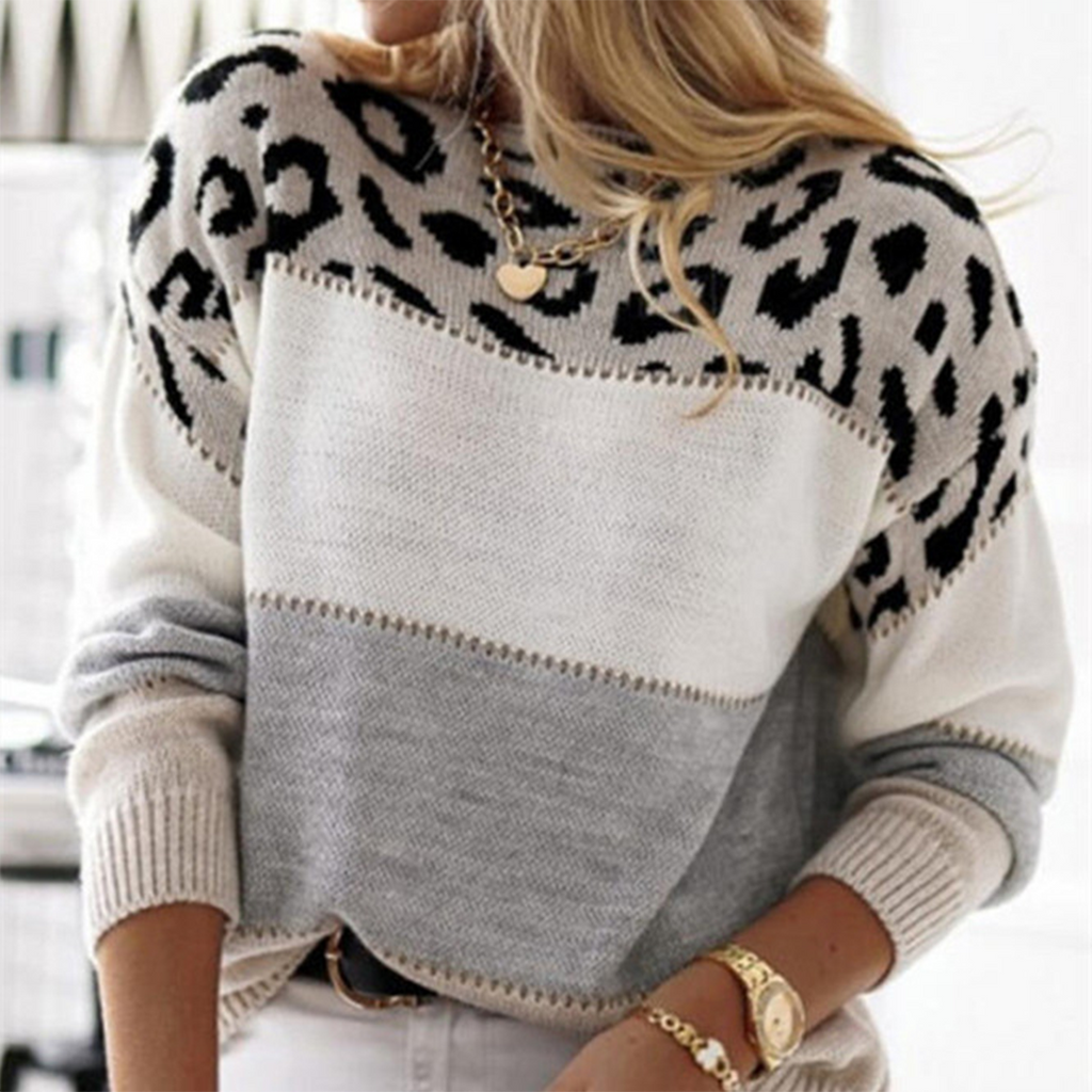 Pull Colorblock Femme avec Panneau Léopard
