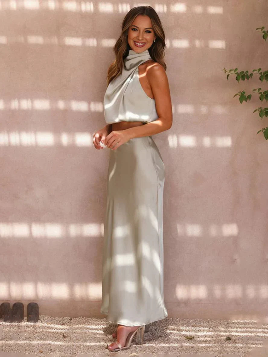 Ensemble Deux Pièces à Col Halter pour Femmes avec Jupe Maxi