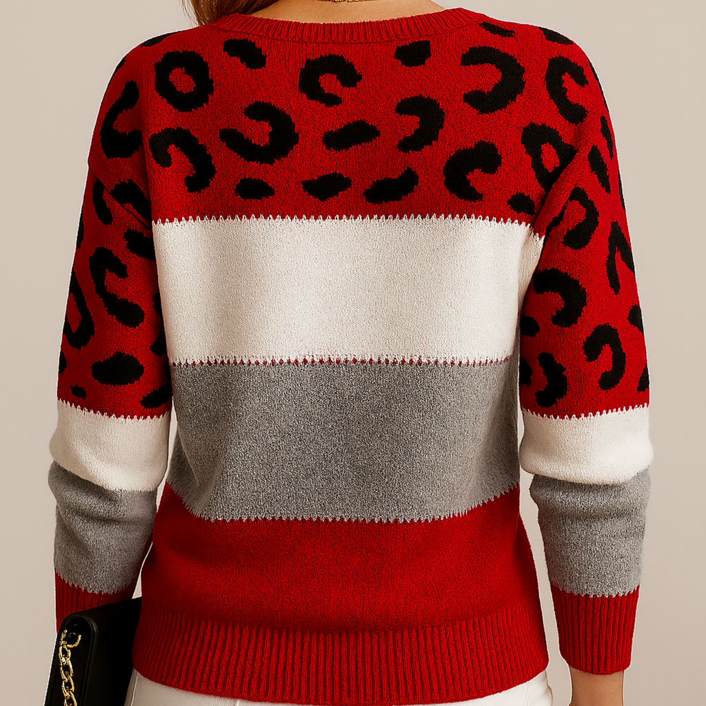 Pull en tricot pour femmes | Bloc de couleur & motif léopard