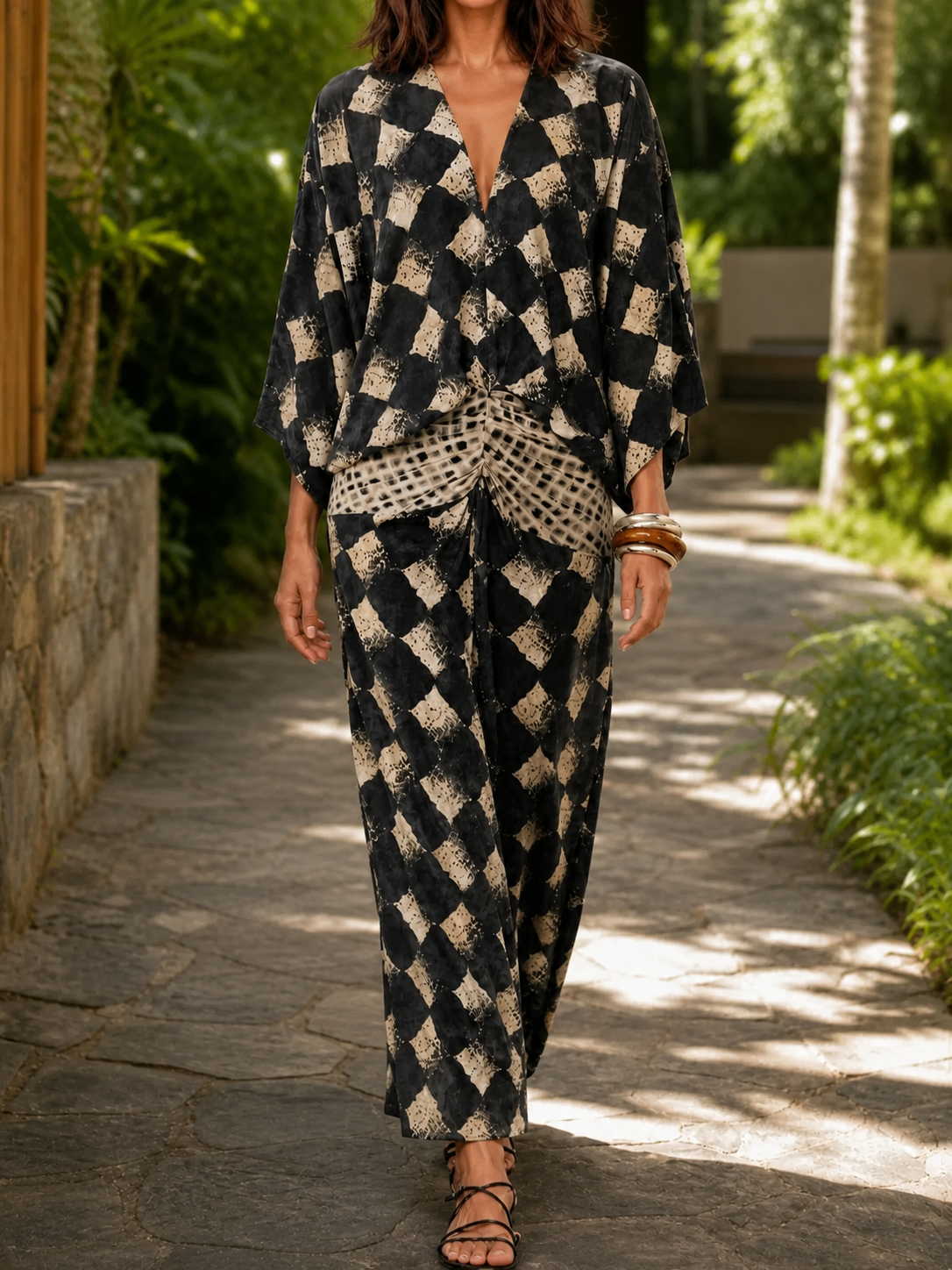 Celias | Robe maxi en mosaïque méditerranéenne avec manches kimono