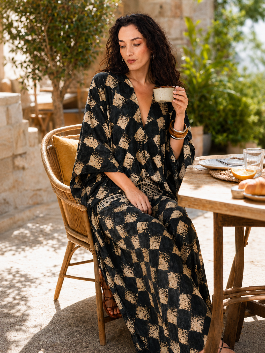 Celias | Robe maxi en mosaïque méditerranéenne avec manches kimono
