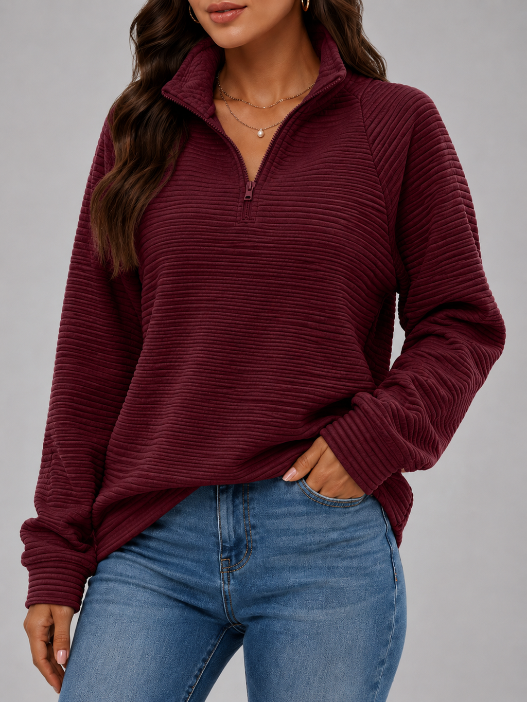 Pull Femme avec Fermeture Éclair Courte - Pull Ottoman Côtelé