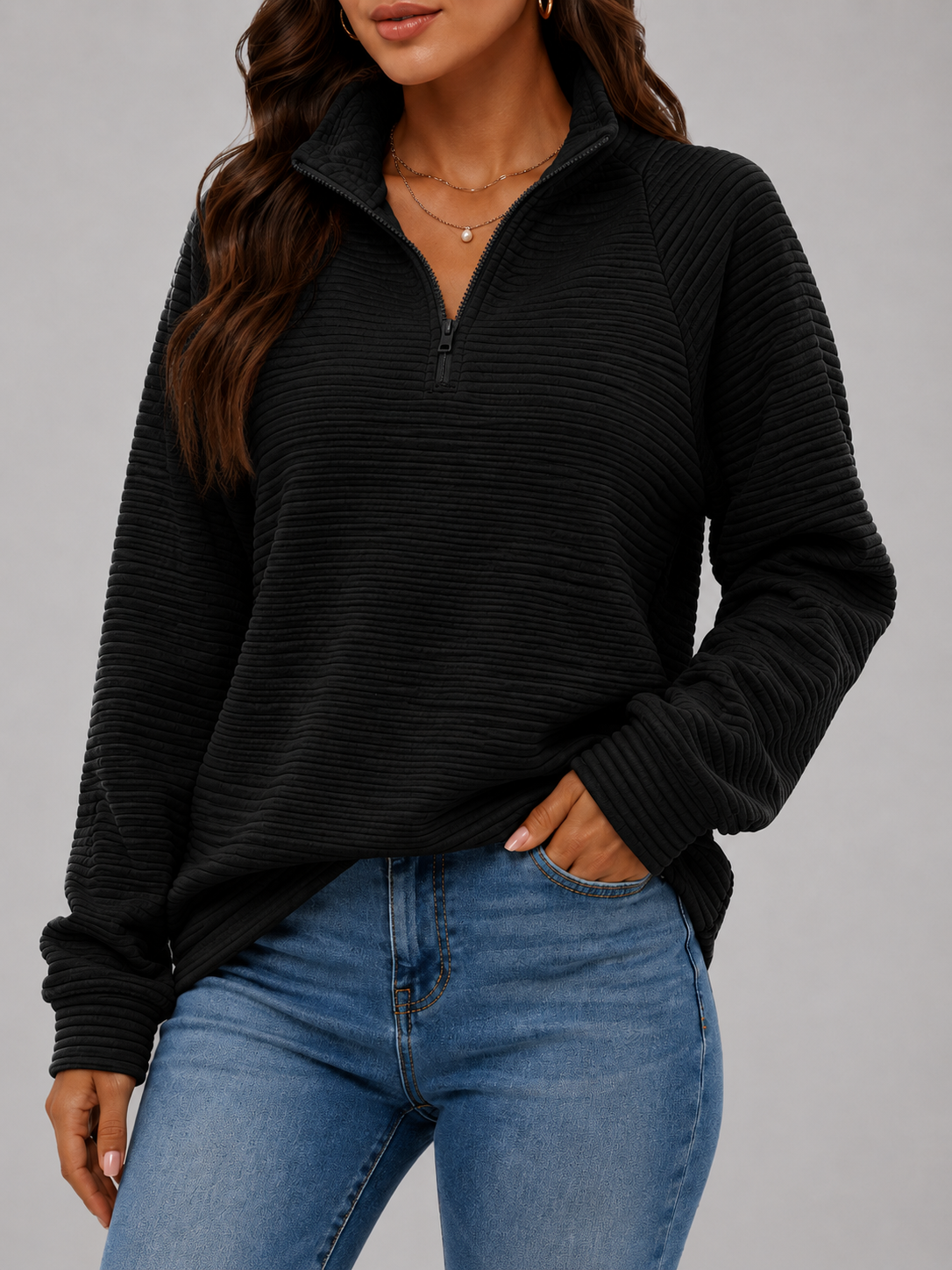 Pull Femme avec Fermeture Éclair Courte - Pull Ottoman Côtelé