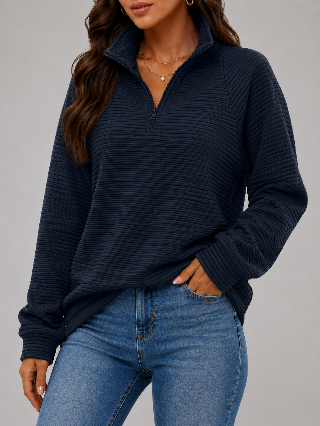 Pull Femme avec Fermeture Éclair Courte - Pull Ottoman Côtelé