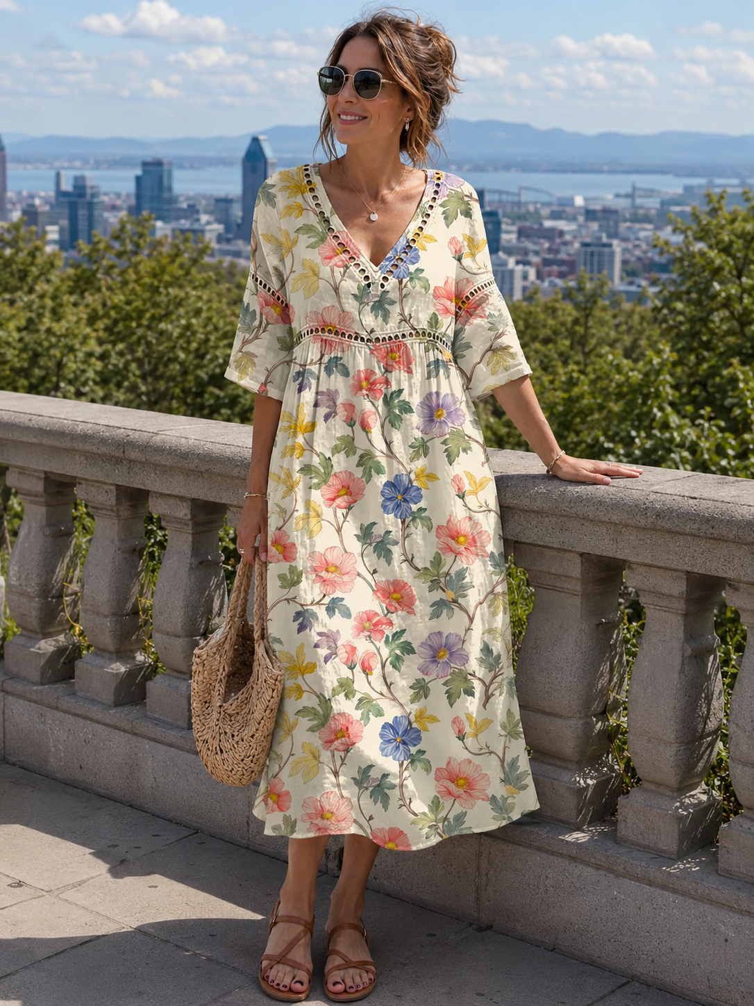 Robe midi femme coton-lin à imprimé floral et col V