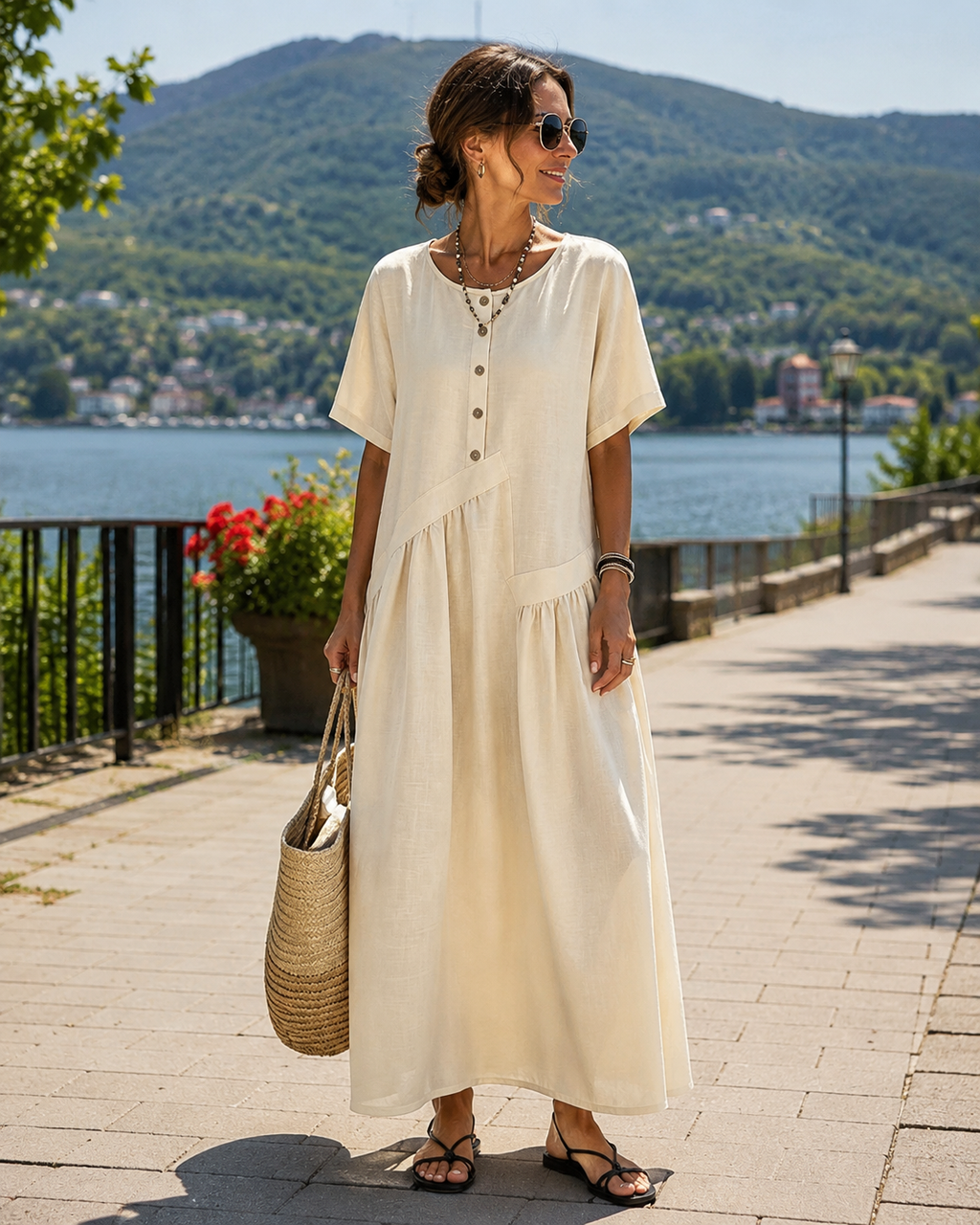 Robe maxi femme bleu clair à boutons et poches effet coton-lin